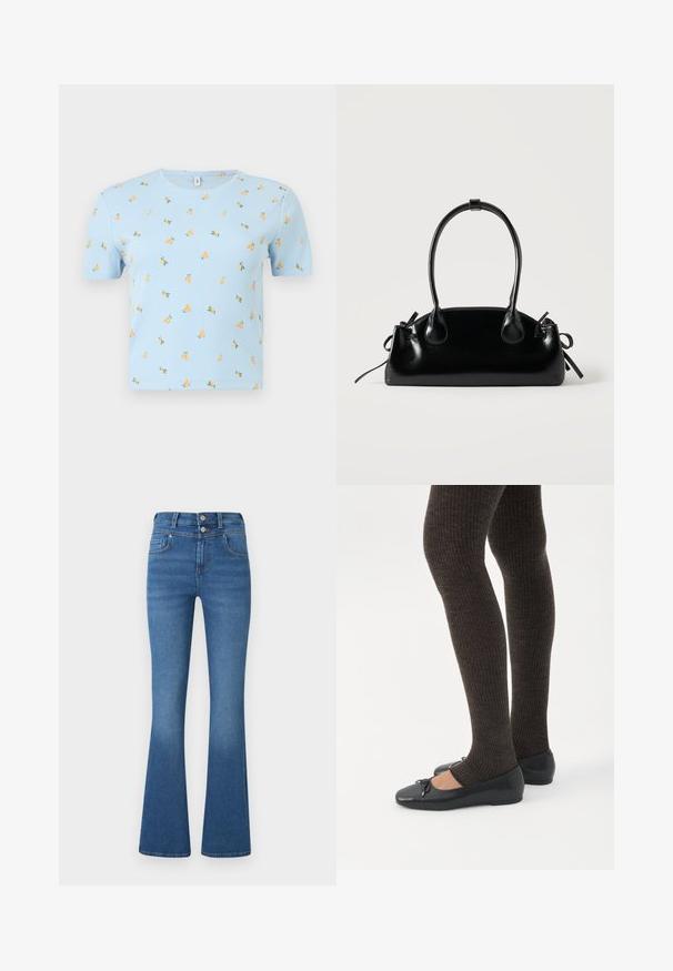 Crop top court à manches courtes bleu clair côtelé avec encolure ronde et petits motifs de fruits orange dispersés sur le tissu.; Jean flare bleu en denim, avec taille haute, deux poches avant, légères décolorations et fermeture à double bouton.; Jambes portant des leggings côtelés foncés associés à des ballerines noires avec de petits détails en nœud sur fond blanc.; Petit sac à main noir brillant avec deux longues anses et des détails à cordon sur les côtés sur un fond clair uni.