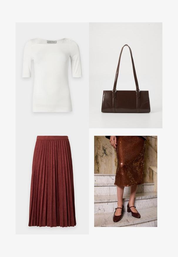 Wit T-shirt met korte mouwen en een vierkante halslijn, gemaakt van een gladde stof, met subtiele naaddetails op de schouders en zijkanten.; Bordeauxrode geplooide midi-rok gemaakt van zachte stof, met verticale plooien en een aansluitende tailleband. Gladde textuur met een effen kleur.; Vrouw in een bruine pailletten midi-rok en donkere bruine crococodillen-huid Mary Jane hakken, staand op marmeren trappen.; Bruine lakleren handtas met een rechthoekige vorm, twee lange handvatten en subtiele gebogen accenten aan de voorkant.