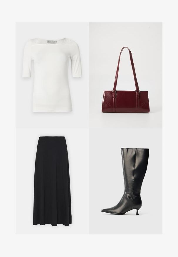 White short-sleeve top with a square neckline, made from a smooth fabric, featuring subtle seam details on the shoulders and sides.; Maxi skirt in solid black. Flared design with a smooth texture and elastic waistband. No visible patterns or accents.; Black knee-high leather boot with pointed toe and low kitten heel, displayed on a plain light background.; Burgundy handbag made of glossy material, rectangular shape, with two shoulder straps and subtle curved accents on the front.