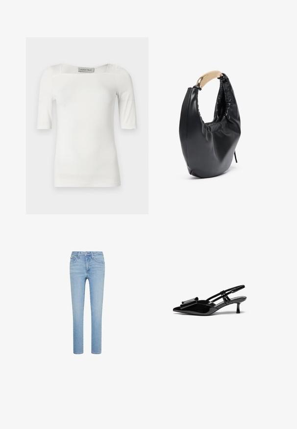 Hvid top med korte ærmer og firkantet udskæring, lavet af et glat stof med subtile sømdetaljer på skuldrene og siderne.; Lyseblå denimjeans, lige snit, fem-lommer stil, med forreste knap- og lynlås lukning, med subtile falmninger og syningsdetaljer.; Sorte patenterede læderslingbacks med spids tå, en sløjfedetalje foran og en lille stilettohæle. Remmene har justerbare spænder.; Sort faux læder håndtaske med en buet silhuet. Har et skinnende guldtonet håndtag og samlet tekstur langs topåbningen.