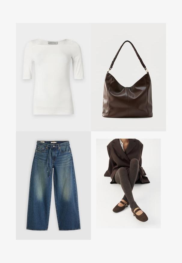 Haut blanc à manches courtes avec un décolleté carré, fabriqué dans un tissu lisse, présentant des détails discrets de coutures sur les épaules et les côtés.; Jean large en denim bleu foncé avec un design délavé, présentant une taille avec cordon de serrage et un style à cinq poches.; Des chaussettes marron côtelées jusqu'aux genoux associées à des ballerines en daim marron de type Mary Jane avec une sangle décorative et une boucle, portées avec un manteau sombre.; Sac à bandoulière en cuir brun foncé avec une poignée tressée et des coutures apparentes sur le devant.