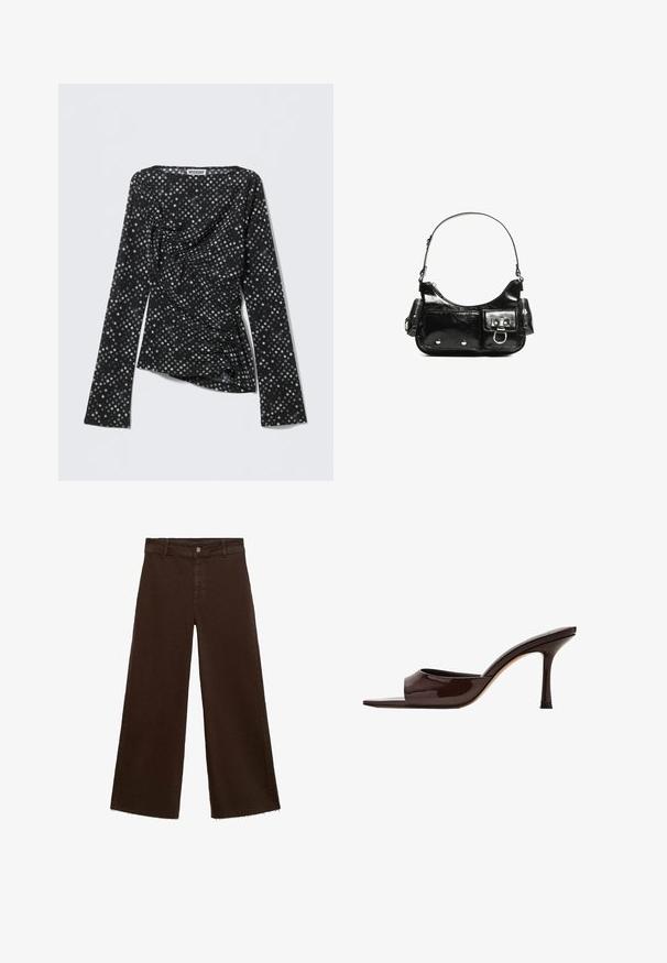 Sort langærmet top med hvide polkaprikker, der har et draperet design og en samlet struktur på den ene side. Mærket lyder "WEEKDAY."; Brune viddebukser i en bomuldsblanding, med en frynset kant, frontknaplukning og klassisk fem-lomme design. Minimalistiske og alsidige.; Mørkebrun laklæder mule med åben tå, bred rem og slank høj hæl på hvid baggrund.; Sort patenteret læder håndtaske med en buet form, en skulderrem, frontlommer og hardware accenter i sølvfarve.