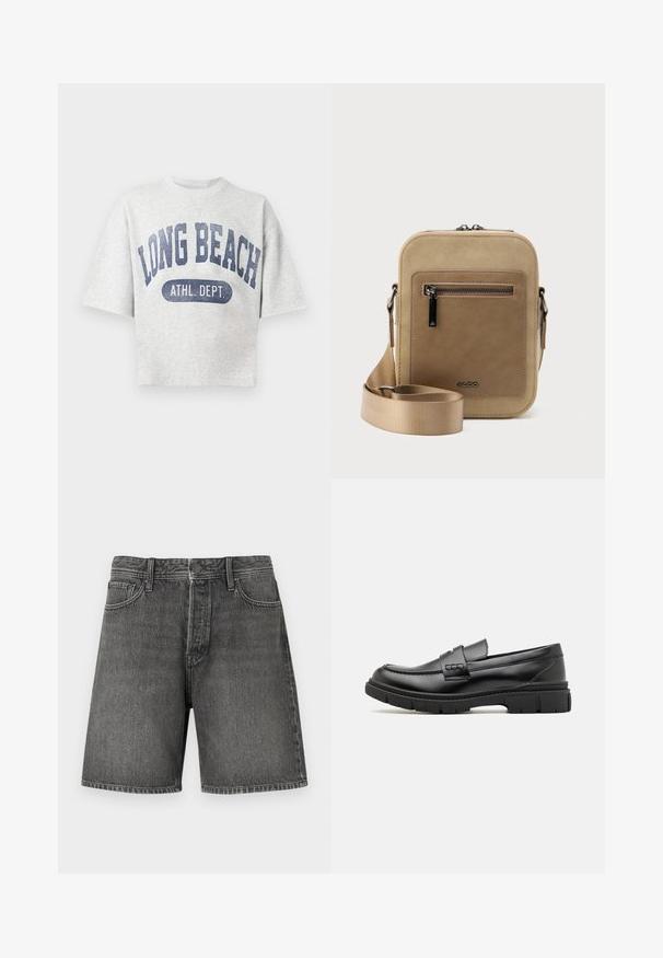 Lysegrå sweatshirt med korte ærmer og rund hals med blåt tryk "LONG BEACH ATHL. DEPT." foran.; Mørkegrå denimshorts med et klassisk fem-lomme design, knap- og lynlåslukning, lige pasform og en let falmet struktur over det hele.; Sort læder loafersko med en bred rem over forfoden, gummisål med tykke mønstre og glat overflade. Klassisk, slankt design.; Lille beige crossbody-taske med lynlåslomme foran, metal ALDO-logo, justerbar bred rem og rundet rektangulær form på hvid baggrund.