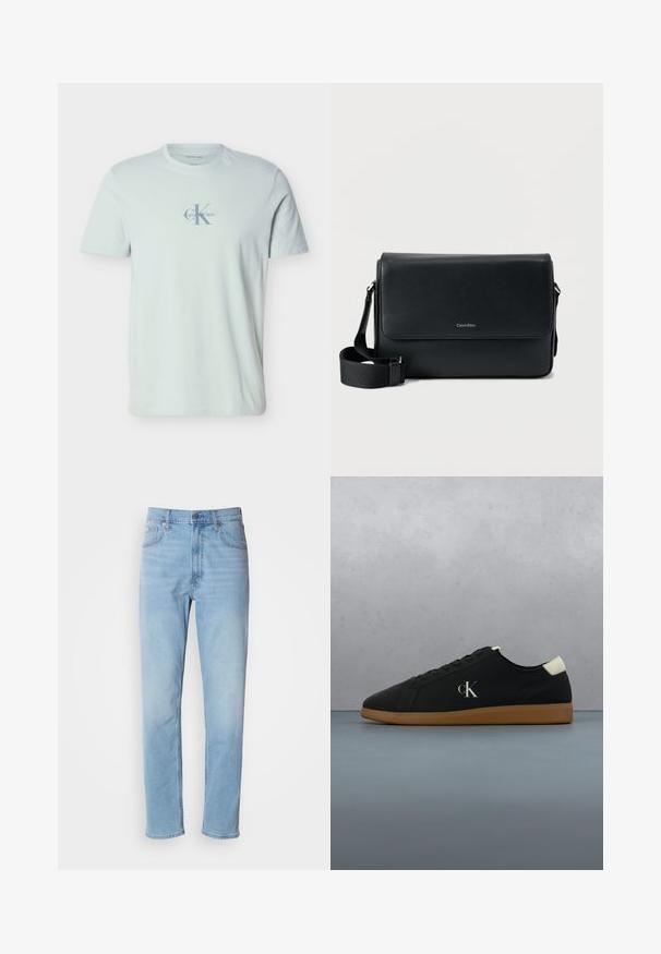 Lichtblauw T-shirt met korte mouwen en een ronde hals, met een vage Calvin Klein-logo in lichtgrijs in het midden van de borst.; Lichtblauwe denim jeans met een rechte pasvorm, vijf zakken en riemlussen. De stof heeft een gladde textuur met een lichte vervaging.; Zwarte canvas sneaker met een gumrubberen zool, voorzien van een zilveren "cK" logo aan de zijkant en een witte accent bij de hiel. Laag model.; Zwarte leren messengerbag met een gestructureerde afwerking, verstelbare riem en een voorflap met een subtiel logo. Compacte en rechthoekige vorm.