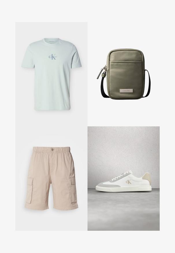Camiseta de manga corta color azul claro con cuello redondo y un logo tenue de Calvin Klein en gris claro centrado en el pecho.; Pantalones cortos de carga beige con cintura elástica, cierre de botón, dos bolsillos laterales y bolsillos adicionales en los muslos. Tejido ligero.; Zapatilla blanca de Calvin Klein con detalles en ante beige y logo, flotando sobre un suelo liso gris con fondo de pared de bloques de vidrio.; Bolso bandolera compacto verde oliva con bolsillo frontal, correa negra ajustable, cierre de cremallera y placa con el logo de Calvin Klein.