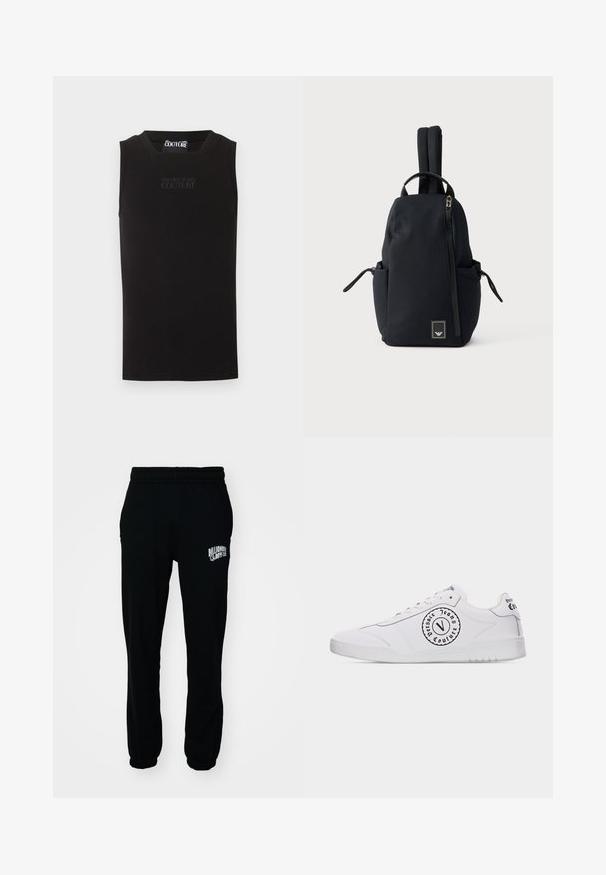 Mustast soonikkoes varrukateta top, millel on ruudukujuline kaelus ja rinnal tikitud "Versace Jeans Couture" logo.; Mustad fliisist jogger-püksid elastse vöökoha ja varrukatega. Omab vasakul reitel valget logo. Sile tekstuur, mugav lõige.; Valge madala säärega toss musta "Versace Jeans Couture" ringikujulise logoga küljel ja kandmepaneelil, valged paelad ja valge kummist talla.; Must vertikaalsete soontega seljakott, millel on ülemine käepide, kaks polsterdatud õlarihma, küljetaskud ja esiküljel diagonaalne lukk.