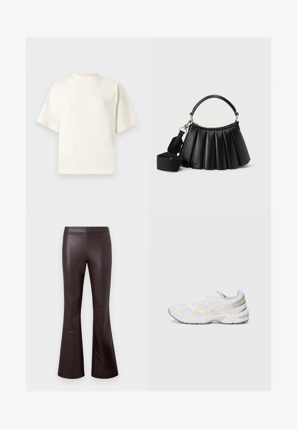Enkel off-white T-shirt med korte ærmer og rund halsudskæring, løs pasform og diskret logo på venstre side af brystet.; Brune faux læder flared bukser med en glat tekstur, høj talje og et rent design, der har flared ben ved kanten for ekstra stil.; Hvide sportsko med mesh-materiale, med lys orange og grå accenter, en tekstureret sål og en polstret krave for komfort.; Sort læderhåndtaske med plissering, kort håndtag og aftagelig bred skulderrem i stof på hvid baggrund.