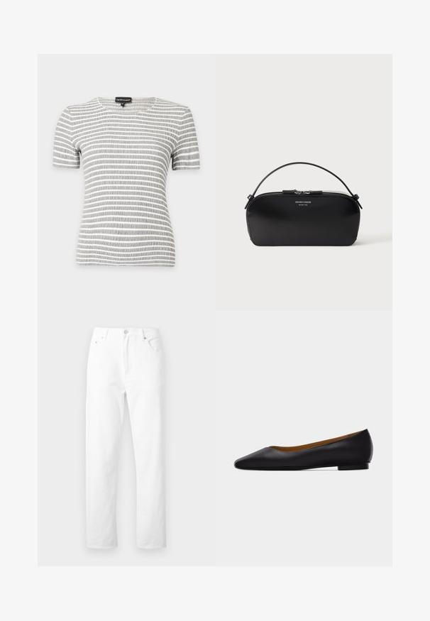 Chemise à manches courtes rayée horizontale grise et blanche avec un col rond et un tissu texturé sur un fond uni.; Jean denim blanc à jambes droites avec poches avant, passants pour ceinture et fermeture par bouton, présenté sur un fond blanc uni.; Chaussure plate en cuir noir à bout pointu avec talon bas et finition lisse, vue de côté sur un fond gris clair.; Petit sac bracelet en cuir noir avec fermeture éclair argentée et poignée courte, logo Emporio Armani Milano 1981 embossé sur le devant.
