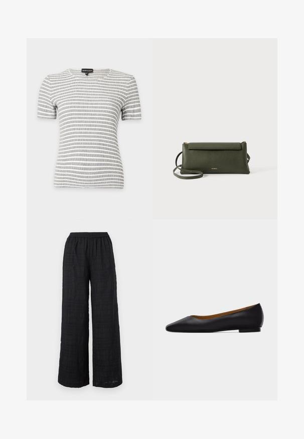 Chemise à manches courtes rayée horizontale grise et blanche avec un col rond et un tissu texturé sur un fond uni.; Pantalon noir à jambes larges avec une taille élastique et un motif à carreaux texturé subtil.; Chaussure plate en cuir noir à bout pointu avec talon bas et finition lisse, vue de côté sur un fond gris clair.; Sac en cuir texturé vert foncé, porté en travers du corps, avec fermeture à rabat et fine sangle réglable, embossé d'un petit logo doré "Bee Projects".