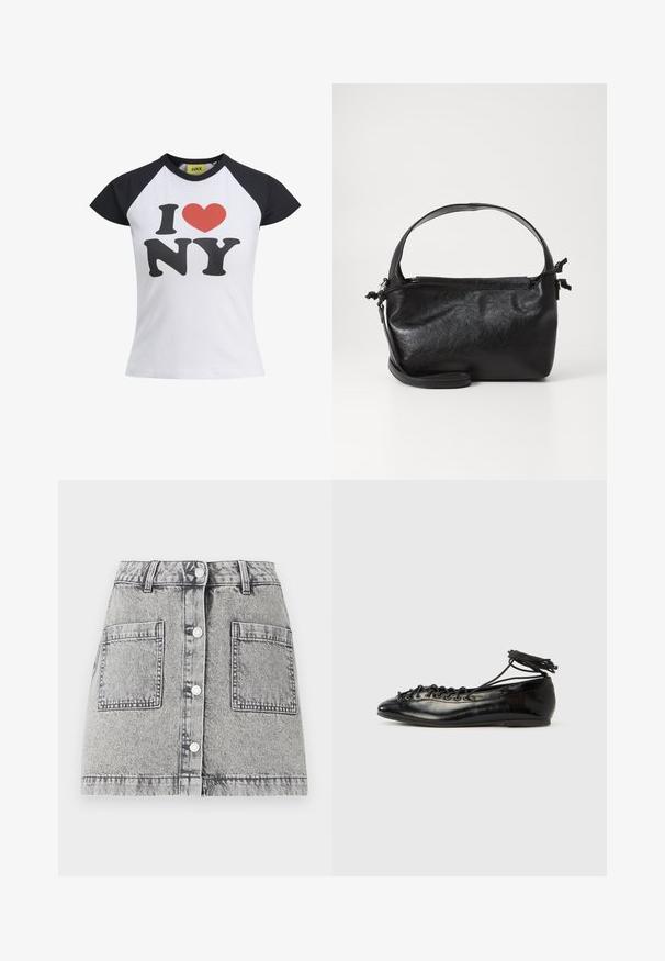Wit T-shirt met zwarte raglanmouwen, met een gedurfd rood hart en de zwarte tekst "I NY". Gemaakt van zachte katoenen stof.; Lichtgrijze denimrok met een vervaagde textuur, voorzien van een knoopsluiting aan de voorkant, twee grote zijzakken en een rechte snit.; Zwarte ballerina's van lakleer met een afgeronde neus, veterdesign en een platte zool. Glad oppervlak met minimale details.; Zwarte leren handtas met een gestructureerd ontwerp, een ronde bovenhandgreep en een afneembare schouderriem. Beschikt over een gladde textuur en een subtiele glans.