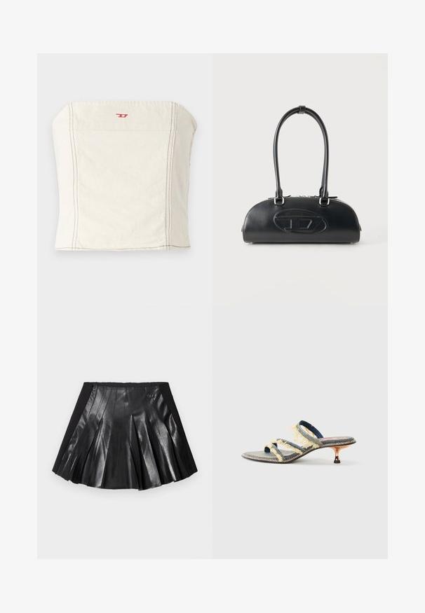 Svetlo béžový, priliehavý crop top vyrobený z bavlny, s rovnými ramenami, minimálnymi švovými detailmi a malým červeným logom na prednej strane.; Čierna plisovaná sukňa s lesklým koženým predným panelom a pevným čiernym pásom s malým kovovým doplnkom. Dizajn dopĺňajú štruktúrované kožené panely.; Džínové sandále na sklze s tromi žltými strapcami, mierne špicatou špičkou a kovovým pätkom na kitten heel. Plochá podrážka s dekoračným prešitím.; Čierna kožená kabelka s dlhými dvojitými rúčkami a vyrazeným oválnym logom vpredu, zobrazená na jednoduchom svetlom pozadí.