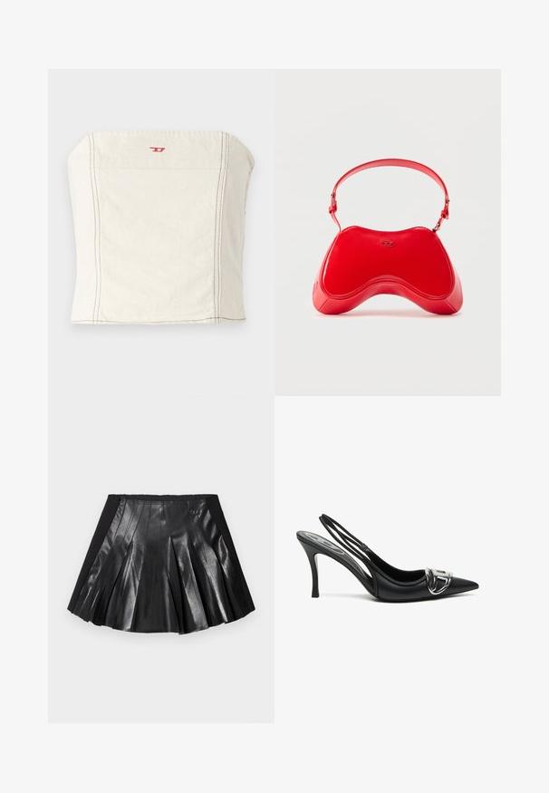 Lichtbeige, getailleerde crop top van katoen, met een rechte halslijn, minimale stikseldetails en een klein rood logo op de voorkant.; Zwarte plooirok met een glanzende leren voorkant en een effen zwarte tailleband met een klein metalen accent. Gestructureerde leren panelen versterken het ontwerp.; Zwarte slingback hoge hakken met een spitse neus, voorzien van een glanzend zilveren gespsluiting en een slanke hak. Gladde leren textuur, minimalistisch ontwerp.; Rode tas van lakleer met een gebogen, ergonomische vorm, voorzien van een dunne verstelbare band en een subtiel logo-accent aan de voorkant.