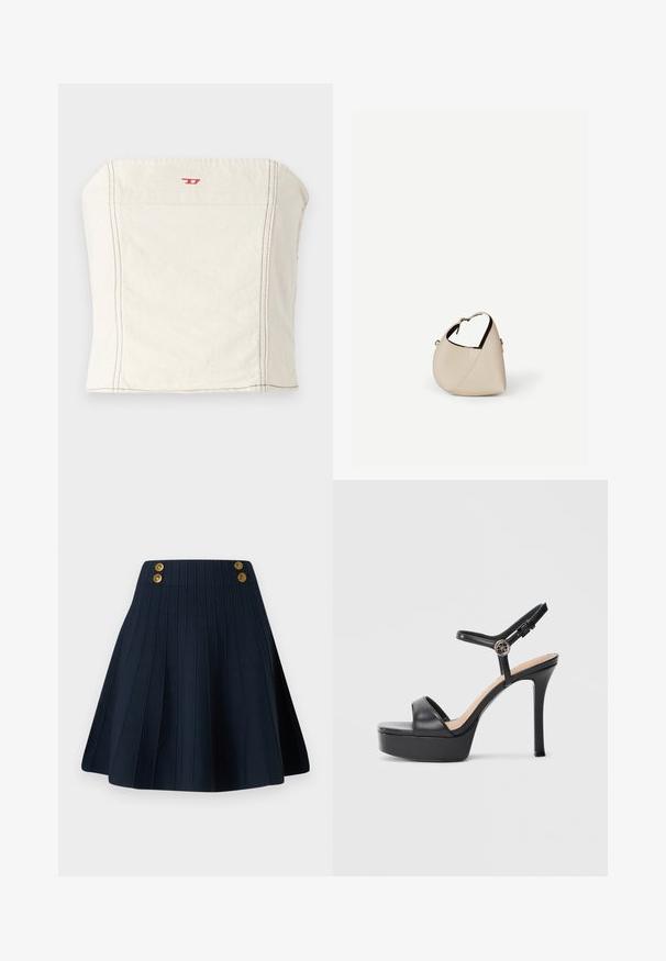 Lys beige, tætsiddende cropped top lavet af bomuld, med en lige halsudskæring, minimale syningsdetaljer og et lille rødt logo på forsiden.; Marineblå plisseret nederdel med struktureret stof, høj talje og to gyldne knapper foran, der skaber en ren linje og en struktureret form.; Sorte platformsandaler med høj stiletthæl, der har en glat læderoverdel, peep toe-design og en justerbar ankelrem med metalbeslag.; Beige læder håndtaske i halvmåneform med en enkelt skulderrem og minimal syning, sat mod en ensartet hvid baggrund.
