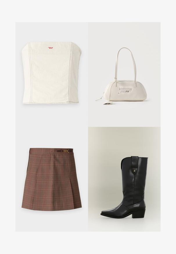 Ανοιχτό μπεζ, εφαρμοστό κοντό τοπ από βαμβάκι, με ίσια λαιμόκοψη, ελάχιστες ραφές και ένα μικρό κόκκινο λογότυπο στο μπροστινό μέρος.; Καφέ καρό φούστα με πορτοκαλί λεπτομέρειες, με πλειάδες, εφαρμοστό μέσο και διακοσμητική χρυσή λεπτομέρεια στη ζώνη.; Ψηλή μαύρη δερμάτινη καουμπόικη μπότα με μυτερή μύτη, χοντρό τακούνι και θηλιά με μικρό χρυσό λογότυπο.; Κρεμ ορθογώνια τσάντα ώμου με μακριά λουριά, λογότυπο "tommy jeans" σε ασημί στο εμπρός μέρος και αναρτημένη ετικέτα προσαρτημένη στο φερμουάρ.