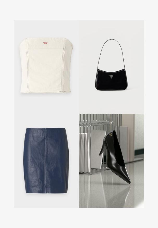 Lichtbeige, getailleerde crop top van katoen, met een rechte halslijn, minimale stikseldetails en een klein rood logo op de voorkant.; Minirok van navyblauw leer met een gladde textuur, rechte snit en minimale stikdetails aan de zijkanten.; Zwart hooggehakt schoen met puntige neus en gouden logo, geplaatst op een reflecterend oppervlak naast een verchroomde draadordner met documenten.; Zwarte schoudertas van lakleer met een smalle band, driehoekig Guess-logo aan de voorkant en een ritssluiting bovenaan.