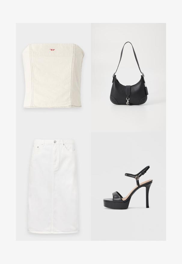 Lys beige, tætsiddende cropped top lavet af bomuld, med en lige halsudskæring, minimale syningsdetaljer og et lille rødt logo på forsiden.; Hvid denimnederdel med lynlås foran, fem lomme-design og lige silhuet med stikninger.; Sorte platformsandaler med høj stiletthæl, der har en glat læderoverdel, peep toe-design og en justerbar ankelrem med metalbeslag.; Sorte læderhåndtaske med en buet form, topgreb, sølvhardware og kontrastindlæg. Har en frontal rem og syninger som accent.