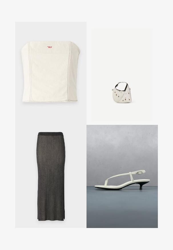 Lys beige, tætsiddende cropped top lavet af bomuld, med en lige halsudskæring, minimale syningsdetaljer og et lille rødt logo på forsiden.; Strikket midi-nederdel i mørkegrå med lodret ribbing, en tætsiddende silhuet og slidser i kanten for nem bevægelse. Blødt, tekstureret stof.; Hvid sandal med stropper og kitten-hæl med spids tå, svævende over et trægulv udendørs med en sløret plante og væg i baggrunden.; Lille hvid håndtaske med brune pletter, afrundet trekantet form, sort indvendig foring og kort justerbar rem med sølvspænde.