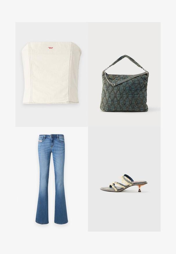 Svetlo béžový, priliehavý crop top vyrobený z bavlny, s rovnými ramenami, minimálnymi švovými detailmi a malým červeným logom na prednej strane.; Svetlomodré džínsy z denimu s rozšírenými nohavicami a stredne vysoko posadeným pásom, piatimi vreckami a jemným vyblednutím pozdĺž nôh. Obsahujú prešitú logovú štítok.; Džínové sandále na sklze s tromi žltými strapcami, mierne špicatou špičkou a kovovým pätkom na kitten heel. Plochá podrážka s dekoračným prešitím.; Prešívaná denimová kabelka na rameno v tmavomodrej farbe, s retiazkovým uchom a jemným diamantovým vzorom s kontrastným prešitím.