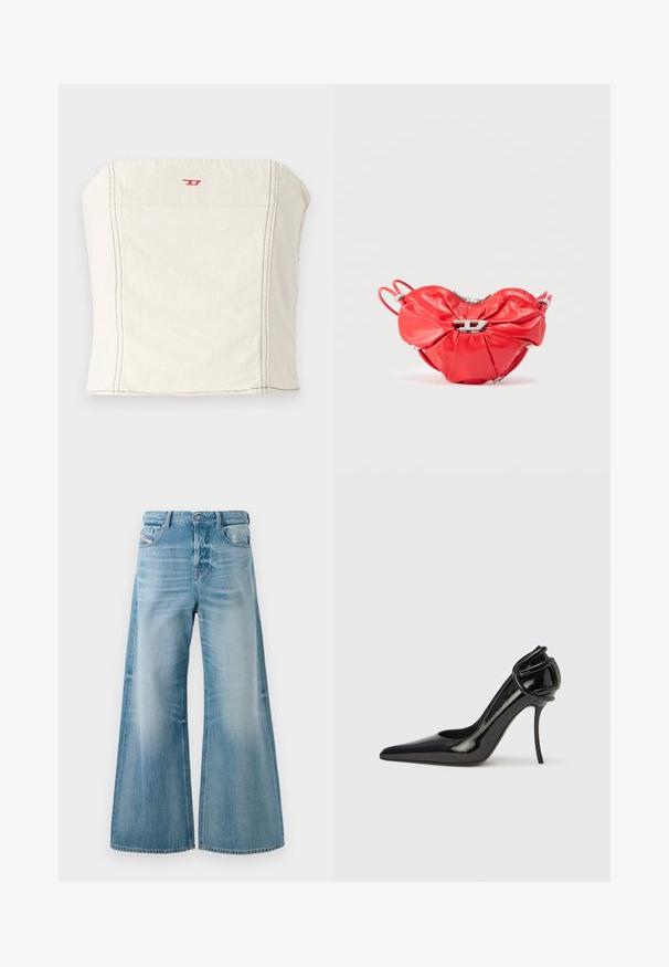 Svetlo béžový, priliehavý crop top vyrobený z bavlny, s rovnými ramenami, minimálnymi švovými detailmi a malým červeným logom na prednej strane.; Svetlomodré džínsy s širokými nohavicami, s jemným vyblednutím a poškodením na predných vreckách, s gombíkovým zapínaním a pútkom na opasok.; Čierna lodička na vysokom podpätku z lakovanej kože so špicatou špičkou a otvorenou pätou. Má jedinečný zakrivený akcent na podpätku. Elegantný a lesklý povrch.; Červená kožená kabelka v tvare srdca s nariaseným dizajnom, strieborným zipsom a výrazným kovovým logom vpredu.