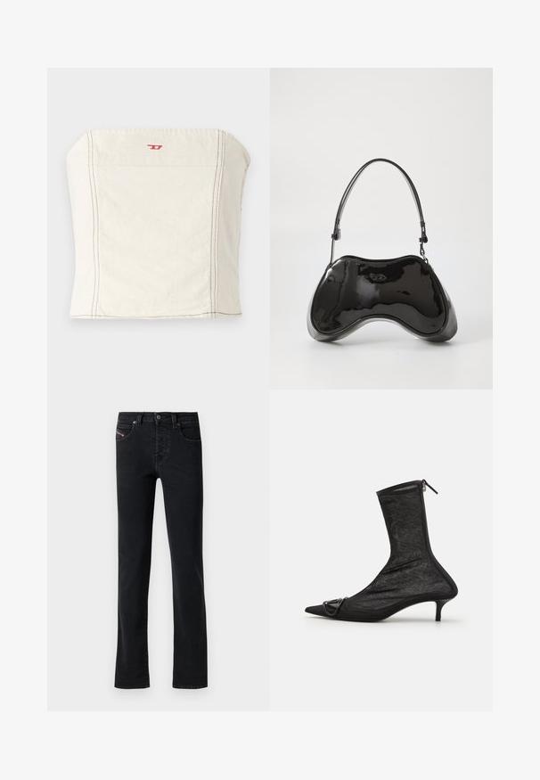 Lys beige, tætsiddende cropped top lavet af bomuld, med en lige halsudskæring, minimale syningsdetaljer og et lille rødt logo på forsiden.; Sort denim jeans med lige snit, som har fem lommer og subtile syninger. Stoffet har en glat tekstur og minimal falmen.; Sorte mesh ankelstøvler med spidse tæer, lynlås og en lille hæl. Har en dekorativ spændeaccent nær tåområdet.; Sort patentlæder håndtaske med en unik buet form, kort justerbar hank og en lynlåslukning i toppen. Glat tekstur med diskret branding.