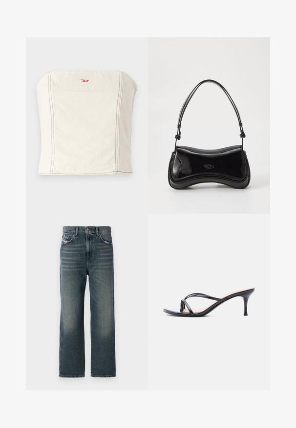Lys beige, tætsiddende cropped top lavet af bomuld, med en lige halsudskæring, minimale syningsdetaljer og et lille rødt logo på forsiden.; Mørkeblå lige jeans med en falmet tekstur, fem-lomme design og en lille logodetalje på forsiden lommen.; Sort laklædersandal med hæl, tynde krydsede remme og en slank mellemhøj stilethæl på en hvid baggrund.; Sort patentlæder håndtaske med en buet form, et enkelt håndtag og en rund bund. Har en subtil logo-detalje på forsiden.