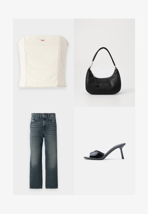 Lys beige, tætsiddende cropped top lavet af bomuld, med en lige halsudskæring, minimale syningsdetaljer og et lille rødt logo på forsiden.; Mørkeblå lige jeans med en falmet tekstur, fem-lomme design og en lille logodetalje på forsiden lommen.; Sorte laklæder sandaletter med åben tå, der har et buet overdesign og en spids stilethæl. Glat, blank finish.; Sort syntetisk skuldertaske med en buet form, der har en sølvfarvet lynlås og prægede "tommy jeans" logo på forsiden.