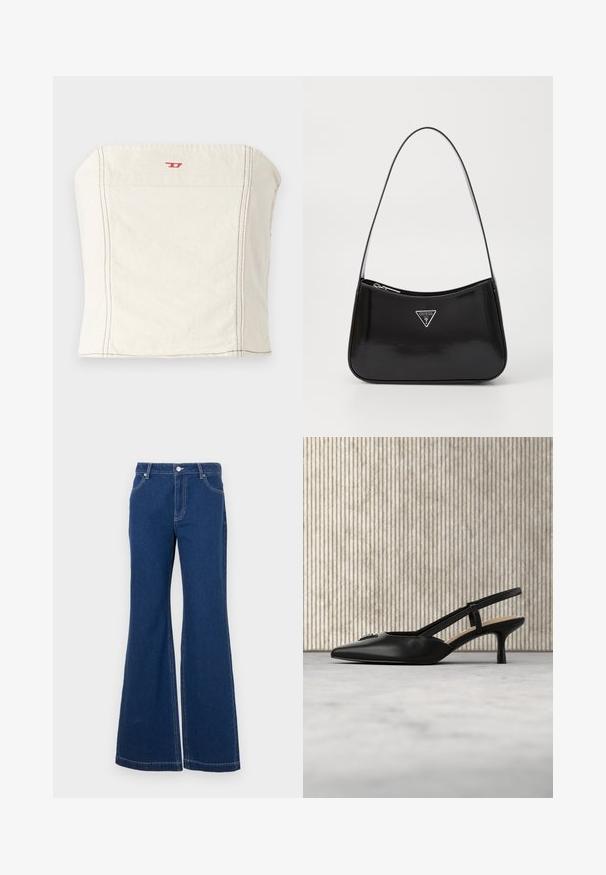 Top corto ajustado de color beige claro, hecho de algodón, con un escote recto, mínimos detalles de costura y un pequeño logo rojo en el frente.; Jeans acampanados de un azul oscuro, fabricados en denim. Incluyen bucles para cinturón, bolsillos frontales y costuras en contraste. Apertura de pierna amplia.; Zapato negro de tacón kitten con tira trasera, punta afilada y detalle de logo metálico, flotando cerca de una superficie reflectante y una rejilla metálica con papeles.; Bolso de hombro de charol negro con forma curva, que presenta un logotipo triangular plateado y un cierre de cremallera. Textura suave y correa delgada.