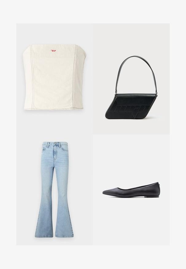 Lichtbeige, getailleerde crop top van katoen, met een rechte halslijn, minimale stikseldetails en een klein rood logo op de voorkant.; Lichtblauwe flare jeans van denim, met een hoge taille, subtiele vervaging en grote klokvormige pijpen met een schone afwerking.; Zwarte platte leren schoen met puntige neus en lage hak, zijaanzicht tegen een witte achtergrond.; Zwarte leren schoudertas met een driehoekige vorm, geperst logo en een enkele verstelbare riem. Minimalistisch ontwerp met een gladde textuur.
