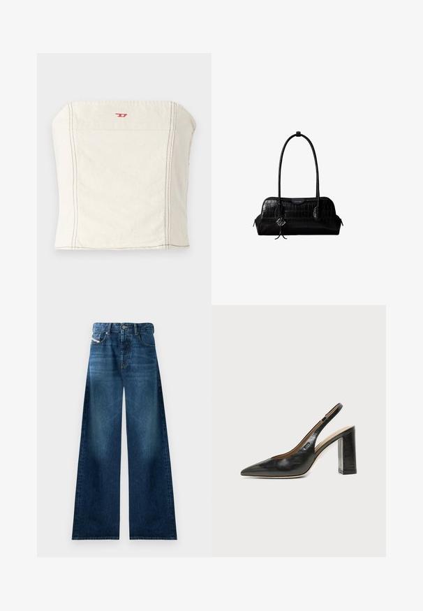 Lys beige, tætsiddende cropped top lavet af bomuld, med en lige halsudskæring, minimale syningsdetaljer og et lille rødt logo på forsiden.; Bredde denimjeans i mørk vask. Har traditionelt fem-lomme design, knappelukning og let falmning på lårerne.; Sort læder peep-toe slingback sko med høj blokhæl og beige indvendig foring mod en ensfarvet lys baggrund.; Sort skuldertaske i krokodillelæder med lange stropper og lille sølvlogo-charm på den ene strop.