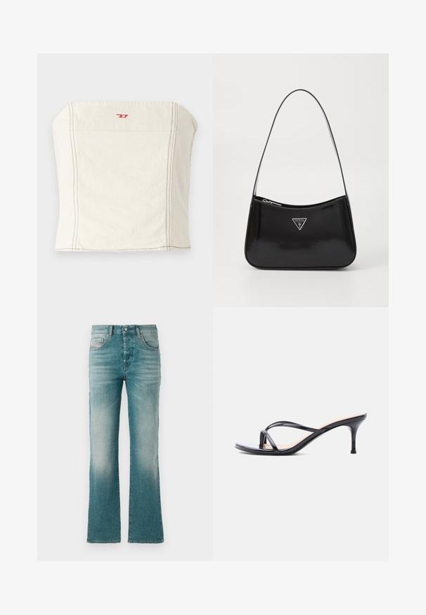 Haut court ajusté beige clair en coton, avec une encolure droite, des détails de couture minimalistes et un petit logo rouge à l'avant.; Jean en denim bleu clair avec une coupe évasée, dotés de poches avant et d'un délavage pour un aspect usé.; Sandale à talon en cuir verni noir avec fines lanières croisées et talon aiguille moyen et élancé sur fond blanc.; Sac à épaule en cuir verni noir avec une forme incurvée, présentant un logo triangle en argent et une fermeture éclair. Texture lisse et bandoulière fine.