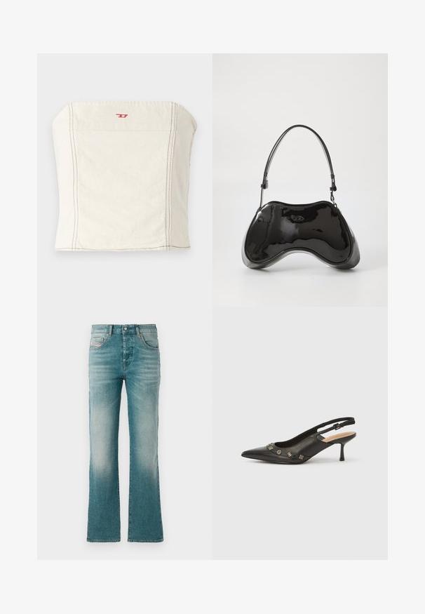 Lys beige, tætsiddende cropped top lavet af bomuld, med en lige halsudskæring, minimale syningsdetaljer og et lille rødt logo på forsiden.; Lysblå denim jeans med en flagrende ben design, der har forlommer og en falmet vask for et slidt udseende.; Sort slingback-pumpe i læder med spids tå, lille hæl og dekorative metalakcenter langs frontåbningen. Glat tekstur.; Sort patentlæder håndtaske med en unik buet form, kort justerbar hank og en lynlåslukning i toppen. Glat tekstur med diskret branding.