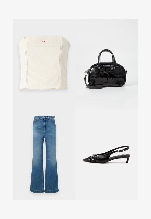 Hellbeige, tailliertes Crop-Top aus Baumwolle mit geradem Ausschnitt, minimalen Nahtdetails und einem kleinen roten Logo auf der Vorderseite.; Helle blaue Schlagjeans aus Denim mit hoher Taille, fünf Taschen, passender Naht und rohem Saum.; Schwarzer Lederslingback mit spitzer Spitze, drei silbernen Schnallen vorne und niedrigem Kittenabsatz auf weißem Hintergrund.; Schwarze Lacklederhandtasche mit doppelten Griffen oben, abnehmbarem Schulterriemen, runder Form und hervorgehobenem geprägten "PUMA"-Logo.
