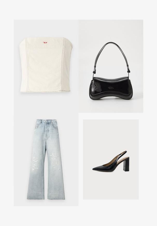 Svetlo béžový, priliehavý crop top vyrobený z bavlny, s rovnými ramenami, minimálnymi švovými detailmi a malým červeným logom na prednej strane.; Svetlomodré, vysoko vyrezané džínsy s širokými nohavicami a opotrebovanými záplaty na predných stehnách, v štýle s piatimi vreckami na bielom pozadí.; Čierna kožená dámska slingback obuv s ostrou špičkou a vysokým blokovým podpätkom na svetlom pozadí.; Čierna lakovaná kabelka s zakriveným tvarom, jedným uchom a zaobleným dnom. Na prednej strane sa nachádza decentný detail loga.