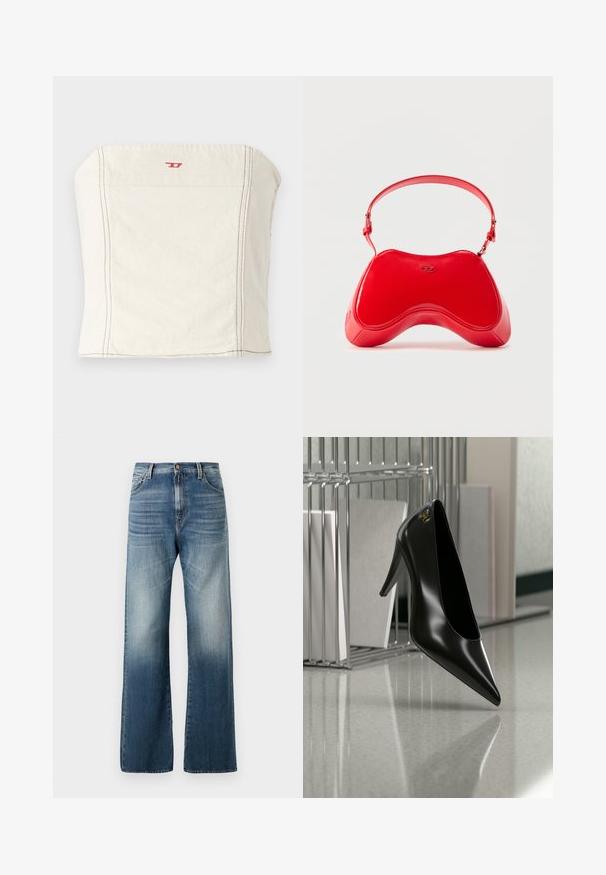 Top corto ajustado de color beige claro, hecho de algodón, con un escote recto, mínimos detalles de costura y un pequeño logo rojo en el frente.; Jeans de mezclilla azul de pierna ancha con acabado desgastado, con cierre de botón y diseño tradicional de cinco bolsillos. Textura suave en toda su superficie.; Zapato de tacón alto negro con punta afilada y logo dorado, colocado sobre una superficie reflectante cerca de un organizador de archivos de alambre cromado con documentos.; Bolso de charol rojo con una forma curva y ergonómica, que presenta una correa delgada ajustable y un sutil detalle de logo en la parte frontal.