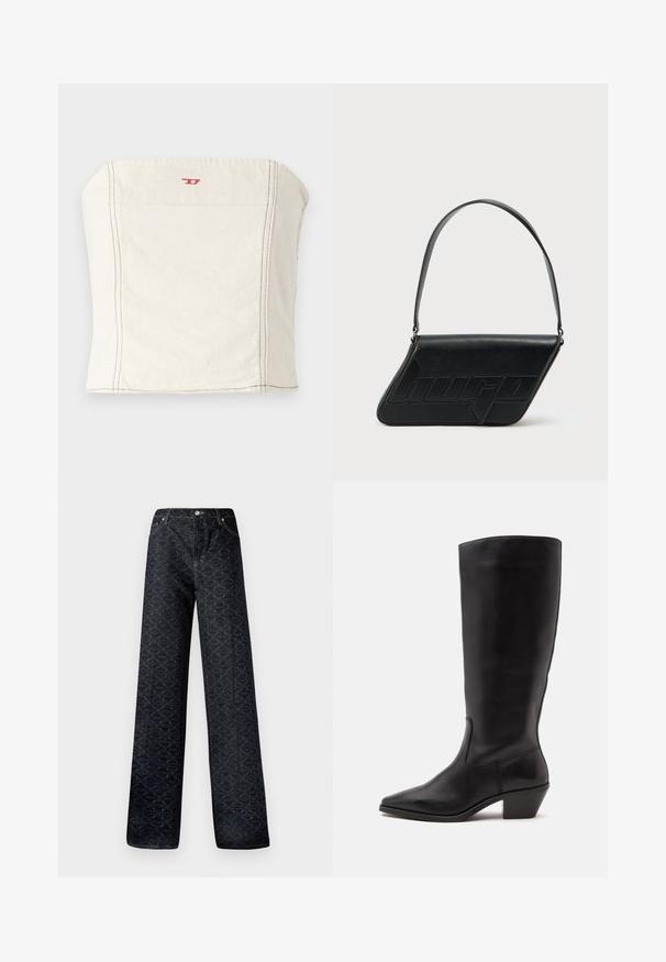 Svetlo béžový, priliehavý crop top vyrobený z bavlny, s rovnými ramenami, minimálnymi švovými detailmi a malým červeným logom na prednej strane.; Tmavo modré nohavice s širokým strihom a geometrickým vzorom, vyrobené z denimu. Obsahujú kovový gombík, zips a prešívanie predných vreciek.; Čierna kožená čižma po stred lýtka s špicatou špičkou a nízkym sklopeným podpätkom na jednoduchom svetlom pozadí.; Čierna kožená taška cez rameno v trojuholníkovom tvare, s vyrazeným logom a jedným nastaviteľným pásikom. Minimalistický dizajn s hladkou textúrou.