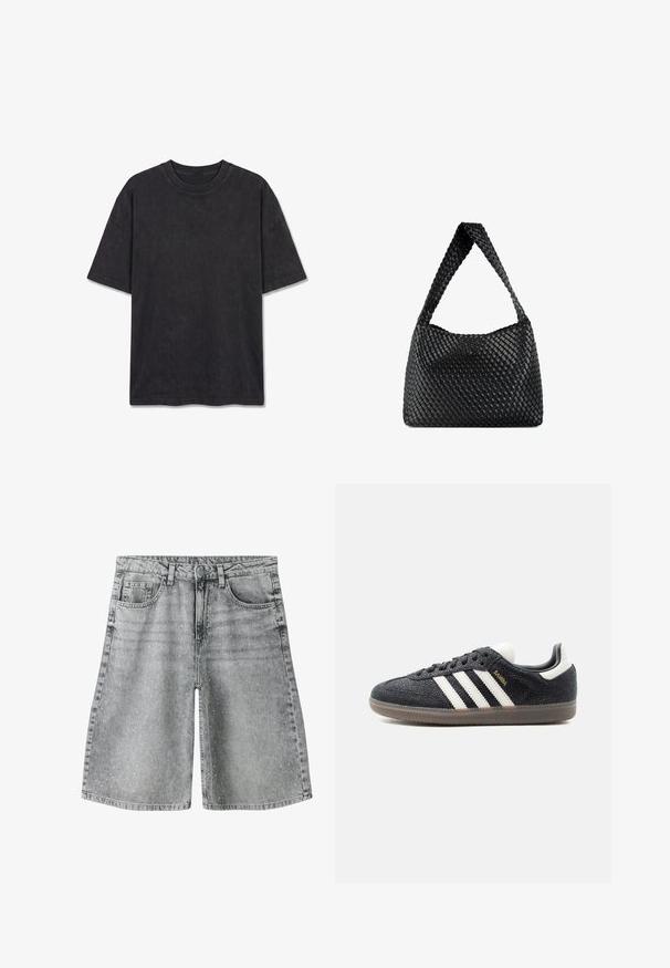 Μαύρο μπλουζάκι oversized με κοντά μανίκια, στρογγυλή λαιμόκοψη και διακριτικό κεντημένο λογότυπο "PEGADOR" στο κέντρο μπροστά.; Ανοιχτό γκρι τζιν σορτς με μικρές λευκές βούλες, μπροστινό κουμπί και φερμουάρ, θηλιές ζώνης και μπροστινές τσέπες.; Μαύρο παπούτσι Adidas Samba με λευκές ρίγες, λαστιχένια σόλα και χρυσό κείμενο "Samba" στο πλάι, εμφανιζόμενο από αριστερό προφίλ σε μονόχρωμο φόντο.; Μαύρη υφασμάτινη τσάντα με καμπύλο σχήμα και ευρεία, υφασμένη ατσάλινη λουρί. Διαθέτει περίπλοκο σχέδιο πλέγματος καλαθιού και μαλακό, ανθεκτικό υλικό.