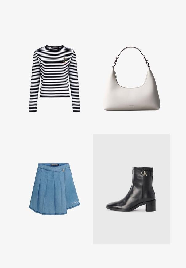 Langærmet stribet skjorte i sort og hvid, med rund halsudskæring og et lille broderet motiv på brystet. Blød stof.; Lyseblå denimnederdel med plisseret design, metalknaplukning og broderet detalje i kanten. Glat tekstur og A-formet silhouette.; Sort læder ankelstøvle med spids tå, blokhæl og en rem med en metallisk logo detalje. Glat tekstur og minimalistisk design.; Cremefarvet skuldertaske i læder fra Calvin Klein med buet topkant, sølvfarvet lynlås og mørkebrun justerbar rem.