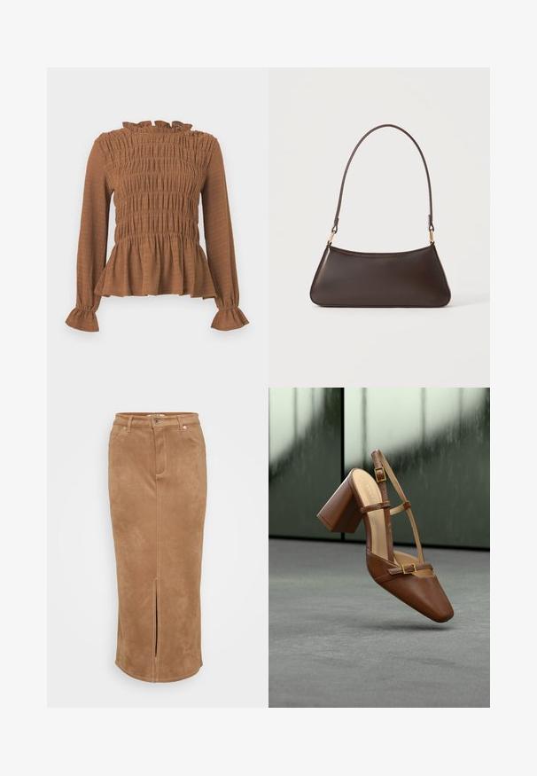 Brun bluse med lange ærmer, smocket overdel, flæsekant ved kraven og udvidede manchetter med peplumkant.; En brun, ruskind midi-nederdel med en frontslids, der har en talje, bæltesløjfer og subtile syninger for ekstra tekstur.; Brun læder sko med hæl, spids tå, justerbar ankelrem og guldfarvet firkantet spænde. Glat tekstur og kraftig hæl.; Mørkebrun læderhåndtaske med en buet toplynlås og en tynd skulderrem med guldfarvede låse på en ensfarvet baggrund.