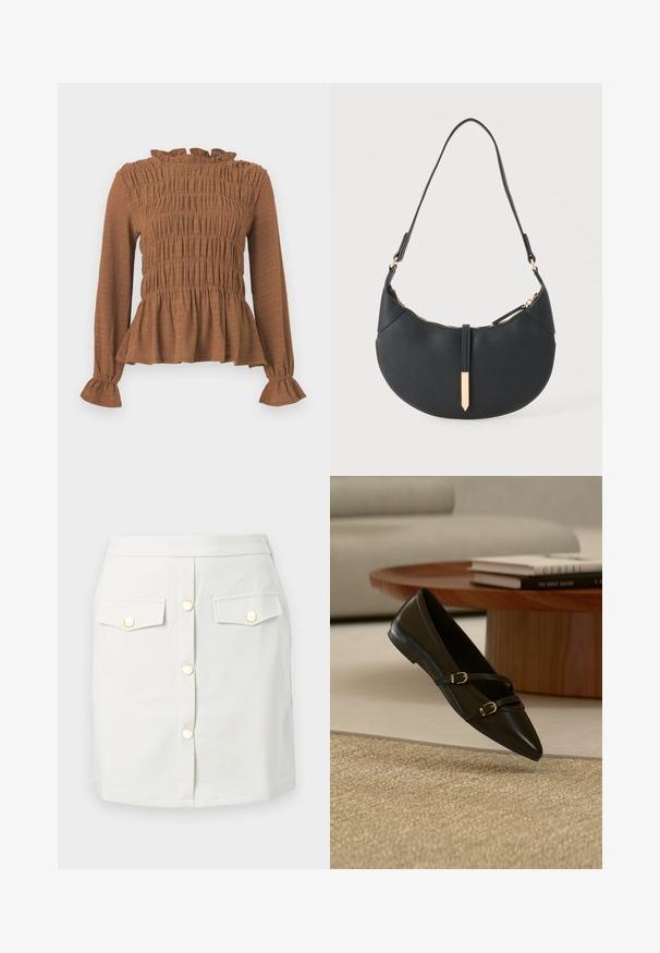 Blouse marron à manches longues avec corsage froncé, col à volants et poignets évasés, avec un ourlet à basque.; Mini-jupe blanche avec boutons-pression dorés à l'avant et deux poches à rabat ornées de boutons dorés, sur fond uni.; Chaussure plate noire à bout pointu avec deux fines brides à boucle flottant au-dessus d'un tapis beige, avec une table basse en bois et des livres en arrière-plan.; Sac à main noir en forme de croissant avec une bandoulière unique, une fermeture éclair dorée et une languette décorative rectangulaire dorée à l'avant.