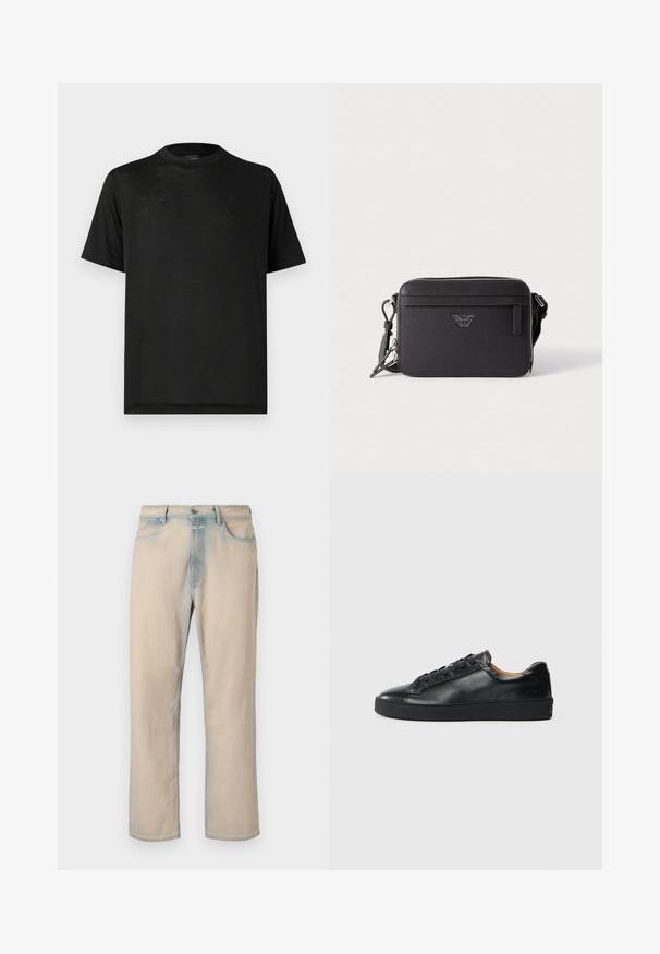 Sort kortærmet t-shirt med høj hals, der har en glat tekstur og subtil glans, lavet af letvægtsstof. Ingen synlige logoer.; Lyse beige denim jeans med lige ben design, falmede blå detaljer, fem lommer og en knaplukning i taljen.; Sorte lædersneakers med en glat overflade, rund tå og snørebåndslukning. Har en tyk gummisål og minimal branddetalje.; Sort tekstil crossover-taske med lynlåslukning, der har en frontlomme, logo-detalje og justerbar rem. Tekstureret overflade, rektangulær form.