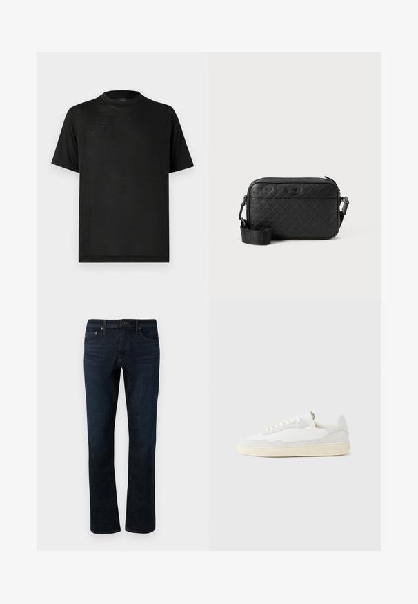 Schwarzes kurzärmeliges T-Shirt mit hohem Kragen, das eine glatte Textur und einen dezenten Glanz aufweist, gefertigt aus leichtem Stoff. Keine sichtbaren Logos.; Dunkelblaue Denim-Jeans mit geradem Bein, ausgestattet mit einem klassischen Fünf-Taschen-Design und subtilen Steppdetails.; Weißer Sneaker mit strukturiertem Obermaterial aus Wildleder und Leder. Verfügt über eine runde Zehenpartie, Schnürverschluss und eine kontrastierende beige Gummisohle.; Schwarze, strukturierte Umhängetasche mit geprägtem geometrischem Muster und verstellbarem Tragegurt mit Markenlogo.