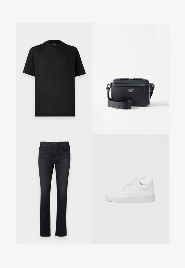 Zwart T-shirt met korte mouwen en een hoge hals, met een gladde textuur en subtiele glans, gemaakt van lichtgewicht stof. Geen zichtbare logo's.; Donkerdenim jeans met een recht model, met een klassieke vijf-pocket ontwerp en subtiele stiksels. De stof heeft een gladde textuur.; Witte leren sneaker met een afgeronde neus, platte zool en veters aan de voorkant. Voorzien van stikseldetails en een gevoerde kraag voor comfort.; Zwarte crossbody tas gemaakt van gestructureerd materiaal. Beschikt over een ritssluiting, een voorzak met rits en een metalen logoaccent. Inclusief verstelbare schouderband.
