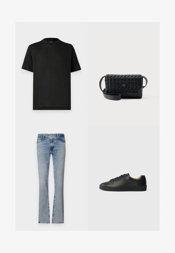 Must lühikeste varrukatega t-särk kõrge kaelusega, millel on sile tekstuur ja õrn läige, valmistatud kergest kangast. Ilma nähtavate logodeta.; Heledad sinine denim flared teksased keskmise kõrgusega talje, viie taskuga ja pleekinud viimistlusega, varustatud tõmbluku ning metallist nööbiga.; Mustad mustade nahast madalad sneakersid tekstureeritud pinnaga, mustade paeltega ja paksu kummitaldaga, kujutatud külgvaates heledal taustal.; Mustast tekstuurist risti üle keha kantav kott, millel on lapi-stiilis sulgemine ja esiküljel väike metallist logo, esitletud ühevärvilise tausta ees.