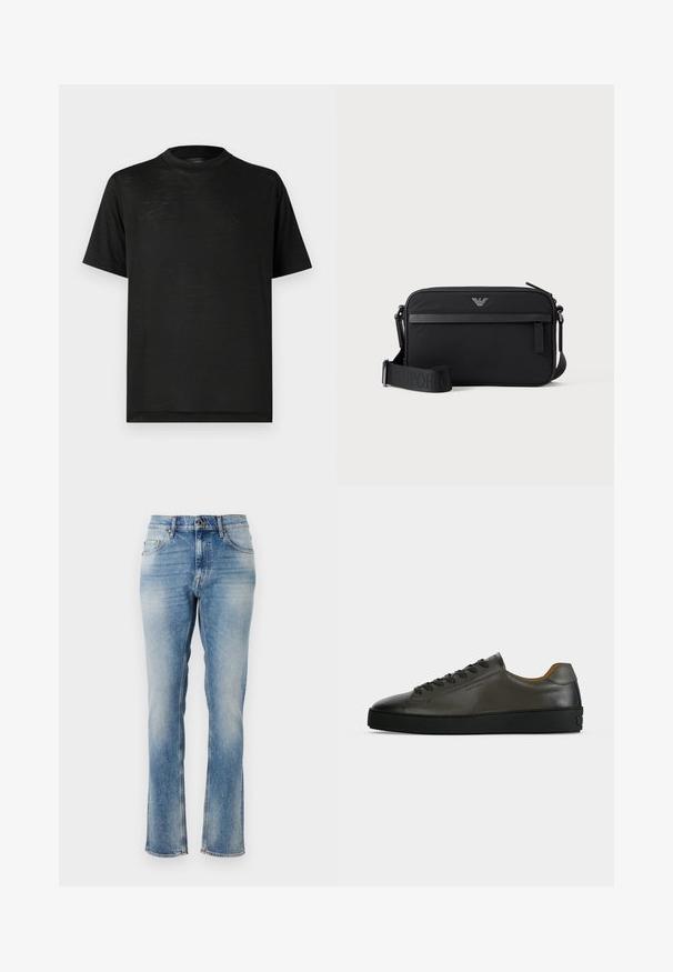 Must lühikeste varrukatega t-särk kõrge kaelusega, millel on sile tekstuur ja õrn läige, valmistatud kergest kangast. Ilma nähtavate logodeta.; Hele sinine denim teksad sirge lõikega disainiga, millel on kerged pleekimisefektid, viis taskut ja tikand aktsendid vöökoha ja ääres.; Madal tumehall nahast tennisejalats mustade paelte ja tallaga, minimalistlik disain, külgvaade ühtlasel heledal taustal.; Must ristkülikukujuline õlakott, esiosal luku tasku, reguleeritav rihm ja väike metallist logo ülaservas keskel.