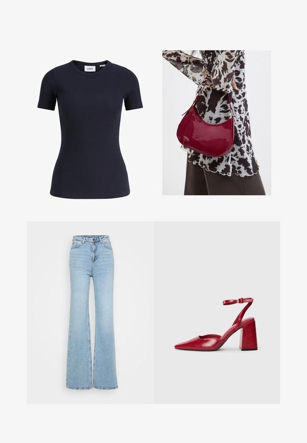 T-shirt moulant côtelé bleu marine à manches courtes avec encolure ronde et étiquette de marque JJXX à l'intérieur du col.; Jean évasé bleu clair en denim, avec une taille haute, un design à cinq poches et un ourlet brut en bas. La texture est légèrement usée.; Escarpins slingbacks en cuir rouge avec un bout pointu, un talon bloc épais et une seule bride de cheville réglable. Texture lisse, design minimaliste.; Femme portant un chemisier à motif noir et blanc tenant un sac à main rouge brillant sur un fond uni.