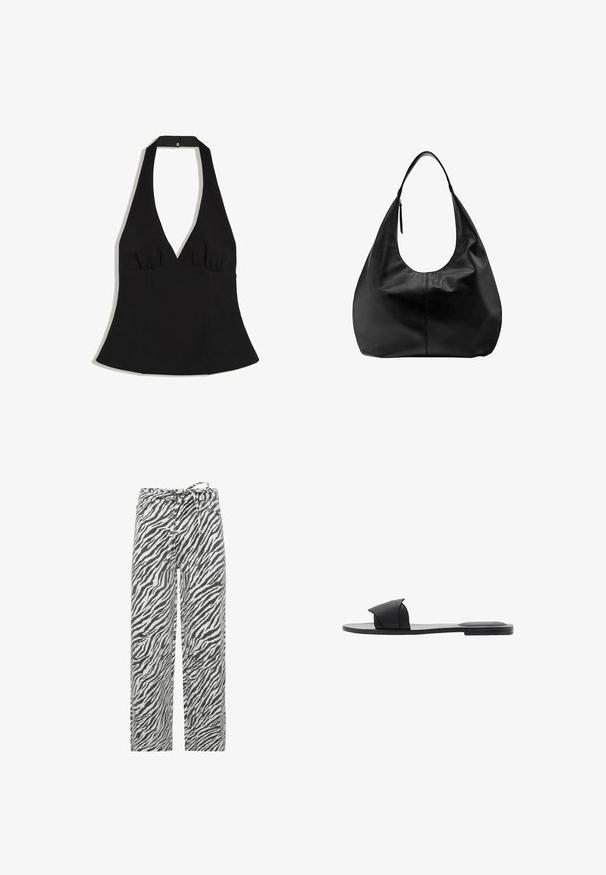 Zwarte haltertop met diepe V-hals en getailleerde taille, met sluiting aan de achterkant.; Zebrastrepen broek in zwart en wit, met een losse pasvorm, verstelbare tailleband en een zachte, gestructureerde stof.; Zwarte slide-sandaal met een zacht kruisriemontwerp, vlakke zool en minimalistische esthetiek. Gemaakt van duurzaam rubbermateriaal.; Zwarte leren slouchy hobo-handtas met een enkele brede band en een rits-trekker detail op een effen witte achtergrond.