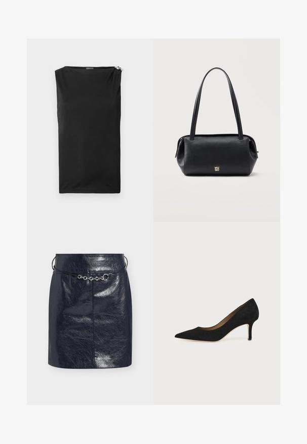 Débardeur noir sans manches avec une coupe décontractée, fabriqué en tissu lisse. Présente un détail de zip subtil à l'épaule. Design simple et moderne.; Mini-jupe en similicuir noir brillant avec une fine ceinture cordon noire ornée d'accents métalliques argentés circulaires à l'avant.; Escarpin en daim noir à bout pointu avec un talon stiletto fin de hauteur moyenne et un design à coupe basse sur un fond uni.; Sac bandoulière rectangulaire en cuir noir avec longues bretelles et petit logo doré "HUGO" au centre devant.