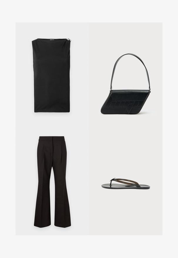 Top negro sin mangas con un corte relajado, hecho de un tejido suave. Presenta un sutil detalle de cremallera en el hombro. Diseño simple y moderno.; Pantalones de campana negros con una textura suave, que presentan una cintura alta, bolsillos laterales y pliegues frontales para un detalle de diseño adicional.; Sandalia plana tipo flip-flop negra y brillante con tiras finas que cruzan sobre el pie y una sujeción entre los dedos, sobre un fondo claro y liso.; Bolso de hombro de cuero negro con forma triangular, logo en relieve y una sola correa ajustable. Diseño minimalista con textura suave.