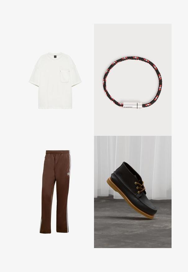 Enkelt hvid T-shirt med korte ærmer, rund hals og en enkelt lomme på venstre bryst side mod en hvid baggrund.; Brune atletiske bukser lavet af glat stof, med hvide sidelister og elastisk talje. Inkluderer lommer på begge sider.; Sorte lædersko med en glat overflade, rund tå, brune snørebånd og lysebrune gummisåler. Logo præget på siden.; Sort flettet snørrearmbånd med røde og hvide accenter og en sølv cylindrisk lukning med indgraveringen "le gramme".