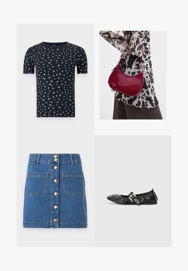 T-shirt bleu marine à manches courtes avec un petit motif floral blanc et un col rond sur un fond uni.; Mini-jupe en denim bleu avec fermeture à boutons sur le devant et deux grandes poches plaquées, dotée de passants de ceinture et de coutures contrastantes.; Chaussure plate en cuir noir avec un nez pointu, des détails froncés autour de l'ouverture et un accent en boucle argentée sur la bride ajustable.; Femme portant un chemisier à motif noir et blanc tenant un sac à main rouge brillant sur un fond uni.